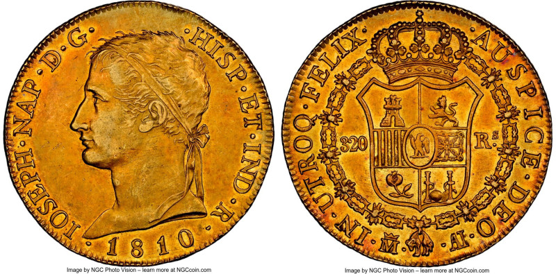 Joseph Napoleon gold 320 Reales 1810-AI AU55 NGC, Madrid mint, KM545, Fr-300, Ca...