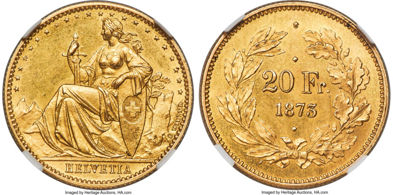 Confederation gold Pattern 20 Francs 1873 MS64 NGC, KM-PN24. Brussels mint, KM-P...