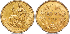 Confederation gold Pattern 20 Francs 1873 MS64 NGC, KM-PN24. Brussels mint, KM-Pn26, HMZ 2-1227. Angel head mintmark. By Leopold Wiener. The finest of...