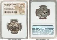 MACEDON. Acanthus. Ca. 525-470 BC. AR tetradrachm (27mm, 17.04 gm). NGC Choice XF 5/5 - 4/5. Lion with long curved tail, springing left, attacking and...
