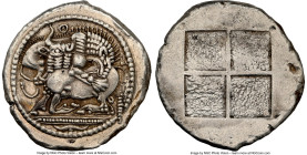 MACEDON. Acanthus. Ca. 525-470 BC. AR tetradrachm (28mm, 17.15 gm). NGC Choice XF 5/5 - 3/5. Lion with long curved tail springing right, attacking bul...