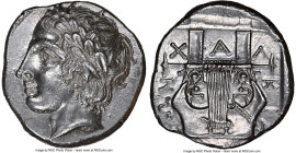 MACEDON. Chalcidian League. Ca. 432-348 BC. AR tetradrachm (25mm, 14.41 gm, 5h). NGC MS 4/5 - 3/5, brushed. Olynthus, ca. 390 BC. Laureate head of Apo...
