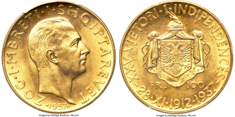 Zog I gold "Independence Anniversary" 100 Franga Ari 1937-R MS63 PCGS, Rome mint...