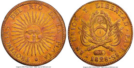 Rio de la Plata gold 8 Escudos 1828 RA-P AU55 NGC, La Rioja mint, KM21, Fr-2. An exceptional rarity, with this specimen the only known at either gradi...