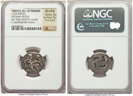THRACIAN ISLANDS. Thasos. Ca. 525-450 BC. AR stater (22mm, 8.87 gm). NGC Choice VF S 5/5 - 5/5, Fine Style. Nude ithyphallic satyr running right, carr...