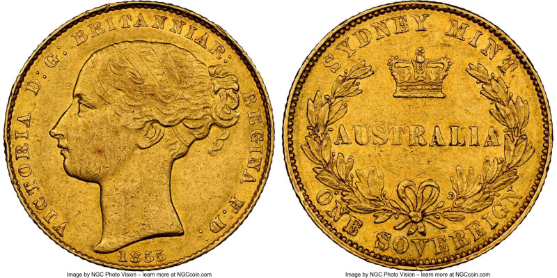 Victoria gold Sovereign 1855-SYDNEY AU55 NGC, Sydney mint, KM2. Difficult even a...