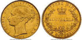 Victoria gold Sovereign 1855-SYDNEY AU55 NGC, Sydney mint, KM2. Difficult even at this level of preservation, this young, fillet-headed Victoria portr...