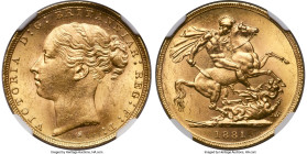 Victoria gold "St. George" Sovereign 1881-S MS64 NGC, Sydney mint, KM7, S-3858D, Marsh-118A. Short tail, no BP in exergue, WW complete in broad trunca...