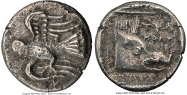 CRETE. Lyttus. Ca. 330-270 BC. AR stater (23mm, 9.81 gm, 5h). NGC XF 5/5 - 2/5. Eagle flying left / ΛYT/TION (retrograde), boar head right within dott...