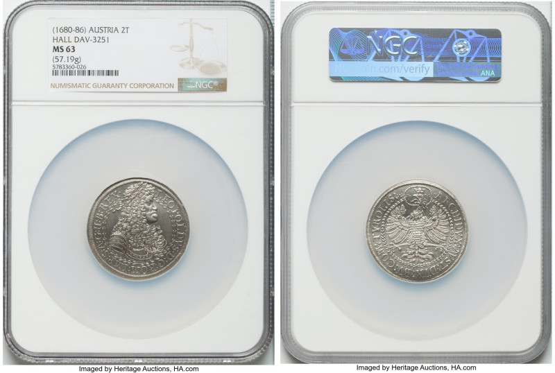 Leopold I 2 Taler ND (1680-1686) MS63 NGC, Hall mint, KM1120.2, Dav-3251. 57.19g...