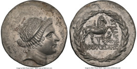 AEOLIS. Cyme. Ca. 165-155 BC. AR tetradrachm (32mm, 16.44 gm, 12h). NGC AU 5/5 - 3/5. Heracleides, magistrate. Head of the Amazon Cyme right, wearing ...