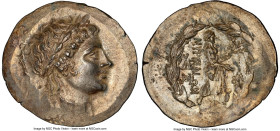 AEOLIS. Myrina. Ca. mid-2nd century BC. AR tetradrachm (36mm, 16.72 gm, 12h). NGC MS 4/5 - 4/5, die shift. Laureate head of Apollo right / MYPINAIΩN, ...