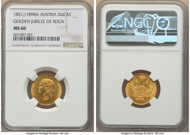 Franz Joseph I gold Ducat 1851 (1898)-A MS60 NGC, Vienna mint, KM2268. Mintage: ...