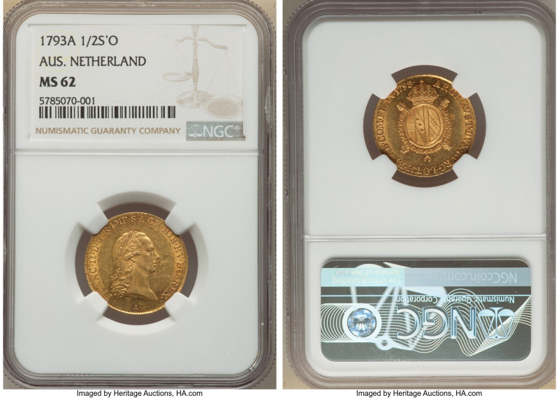 Franz II gold 1/2 Souverain d'Or 1793-A MS62 NGC, Vienna mint, KM63. This handso...