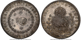 Portuguese Administration. Counterstamped 1200 Reis ND (1887) AU58 NGC, KM29.5. Host: Brazil Pedro I 960 Reis 1826-R (KM368.1); Counterstamp: crowned ...