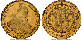 Charles IV gold 4 Escudos 1793 PTS-PR AU58 NGC, Potosi mint, KM80, Cal-1524. Attractive old-gold patination captures the eye from the first instance l...