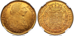Charles IV gold 8 Escudos 1790 PTS-PR MS61 NGC, Potosi mint, KM68, Cal-1693. Topped by a single MS62, this scarce survivor has chiseled peripheries wi...