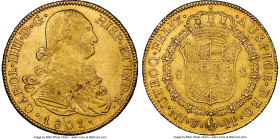 Charles IV gold 8 Escudos 1801 PTS-PP AU58 NGC, Potosi mint, KM81, Cal-1707. Shy of a Mint State designation, proving bold motifs and abundant mint bl...