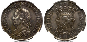 Oliver Cromwell Shilling 1658 MS64 NGC, KM-A207, S-3228, ESC-1005. A truly remarkable specimen with glassy surfaces that crackle with khaki and jade. ...