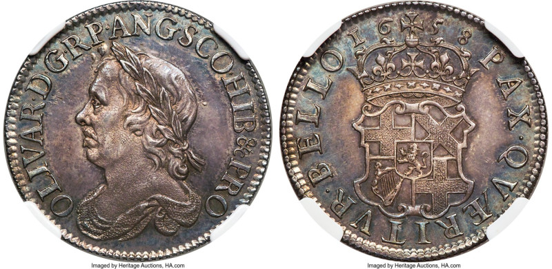 Oliver Cromwell Shilling 1658 MS63 NGC, S-3228, ESC-1005. An enthralling specime...