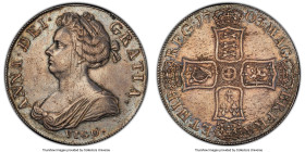 Anne "Vigo" Crown 1703 AU53 PCGS, KM519.1, S-3576. Gunmetal grey toning throughout, with darker colors serving to highlight the legends and devices. A...