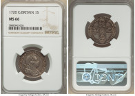 George I Shilling 1720 MS66 NGC, KM539.2, S-3646. Fully original, with deep toning throughout, overlaid on lustrous surfaces. As the single finest gra...