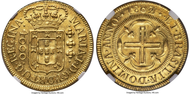 Maria I gold 4000 Reis 1802-B MS63 NGC, Bahia mint, KM225.2, LMB-500. Mintage: 7...