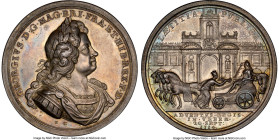 George I silver "Entry into London" Medal 1714 MS63 NGC, Eimer-467. 47mm. By J. Croker. GEORGIVS D G MAG BRI FRA ET HIB REX F D His laureate and drape...
