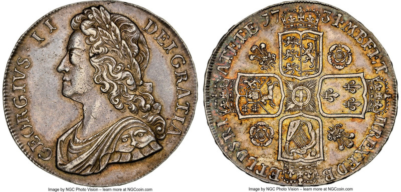 George II Crown 1734 AU58 NGC, KM575.1, S-3686, ESC-1663. Roses & Plumes reverse...