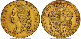 George II gold Guinea 1740 AU55 NGC, KM577.1, S-3676. Intermediate laureate head. Lightly handled with some wisps and even wear over the high-points o...