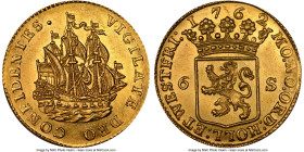 Holland. Provincial gold 6 Stuivers 1762 MS62 NGC, KM45a, Delm-816, PW-Ho74.2. A stunning rendition of this ever-popular off-metal gold issue struck t...