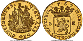 Holland. Provincial gold 6 Stuivers 1767 MS64 Prooflike NGC, KM45a, Delm-816, PW-Ho74.2. 6.90gm. An always coveted specie when located as an off-metal...