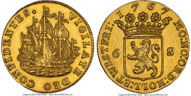 Holland. Provincial gold 6 Stuivers 1767 MS63 Prooflike NGC, KM45a, Delm-816. 6.93gm. Struck to a weight of 2 Ducats. Formidably struck and rendered w...