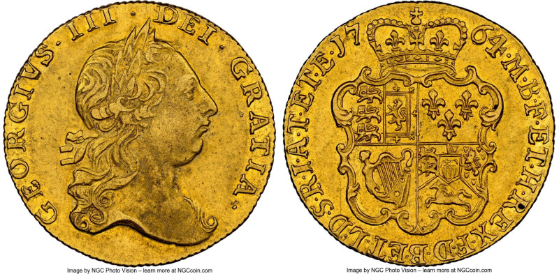 George III gold Guinea 1764 AU53 NGC, KM598, S-3725. Second issue. Peach-gold su...