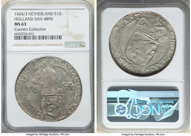 Holland. Provincial Ducat 1664/3 MS63 NGC, KM43, Dav-4896. A clear overdate rise...