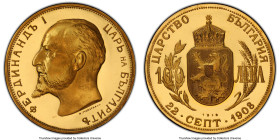 Ferdinand I gold Proof Restrike 100 Leva 1912-Dated (1967-1968) PR67 Deep Cameo PCGS, Sofia mint, KM34, cf. Fr-5 (original Proof). Mintage: 1,000. Nat...