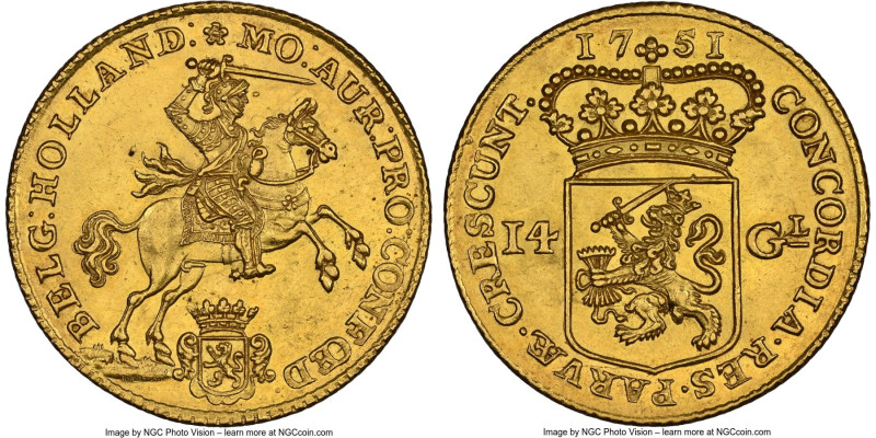 Holland. Provincial gold 14 Gulden (Gold Rider) 1751 MS63 NGC, KM97, Delm-782. A...