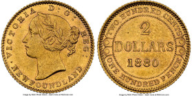 Newfoundland. Victoria gold 2 Dollars 1880 AU58 NGC, London mint, KM5, Fr-1. A charming straw-yellow specimen brightened by the residual luster scinti...