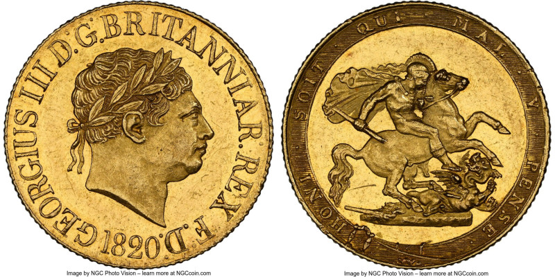 George III gold Sovereign 1820 MS62 Prooflike NGC, KM674, S-3785C. Closed 2 vari...