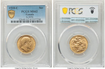 Edward VII gold Sovereign 1910-C MS62 PCGS, Ottawa mint, KM14, S-3970. The gentle portrait style of Edward VII is contrasted by the imposing imagery o...
