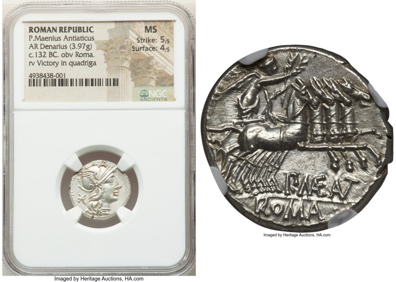 P. Maenius Antiaticus (ca. 132 BC). AR denarius (19mm, 3.97 gm, 11h). NGC MS 5/5...