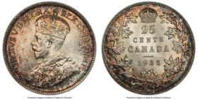 George V 25 Cents 1932 MS65+ PCGS, Royal Canadian mint, KM24a. Fine ice-blue and apricot tones evolving in the peripheries, the visual appeal amplifie...