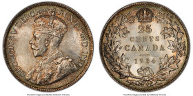 George V 25 Cents 1934 MS65+ PCGS, Royal Canadian mint, KM24a. An intriguing gradient of olive and russet pushes inwards from the peripherals, pulling...