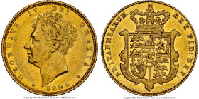 George IV gold Sovereign 1825 AU58 NGC, KM696, S-3801. First year of type, bare bust. With mild surface friction clouding the original mint brilliance...