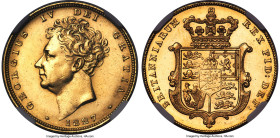 George IV gold Sovereign 1827 MS64 NGC, KM696, S-3801. Featuring the obverse portrait of George IV and the reverse Coat of Arms. Scarce at this level ...