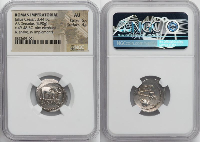 Julius Caesar, as Dictator (49-44 BC). AR denarius (20mm, 3.90 gm, 3h). NGC AU 5...