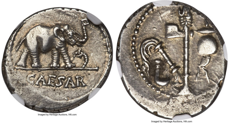 Julius Caesar, as Dictator (49-44 BC). AR denarius (19mm, 3.90 gm, 11h). NGC AU ...