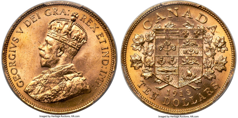 George V gold 10 Dollars 1913 MS64+ PCGS, Ottawa mint, KM27. Canadian Gold Reser...