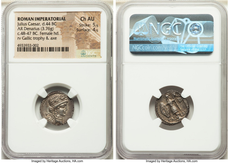 Julius Caesar, as Dictator (49-44 BC). AR denarius (18mm, 3.76 gm, 11h). NGC Cho...