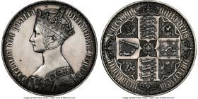 Victoria Proof "Gothic" Crown 1847 PR58 NGC, KM744, S-3883, UN DECIMO on edge. A type that is oftentimes patinated in a way that dulls the Proof surfa...